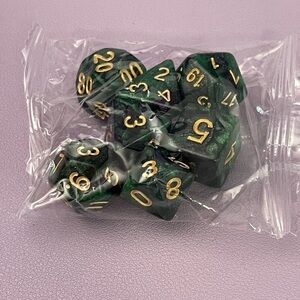 Green & Black Acrylic 7 Piece Dice Set With Gold Inking